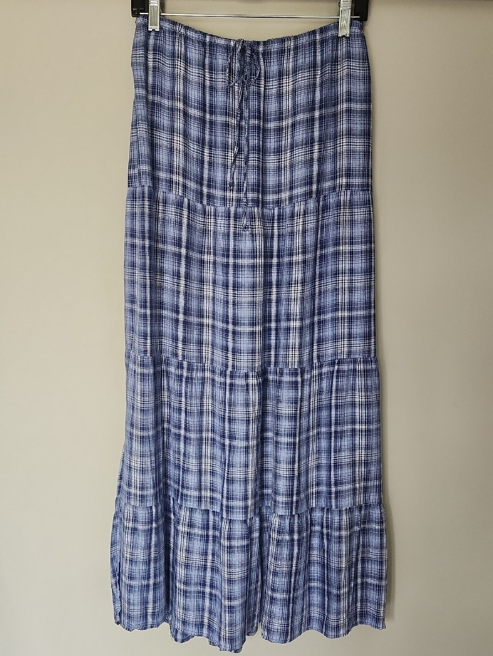 Blue White Plaid Tiered Maxi Skirt XL 16-18 Boho Cottagecore Long Peasant Skirt